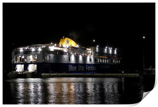 Ferry at night, Kos Town Print by Paul Boizot