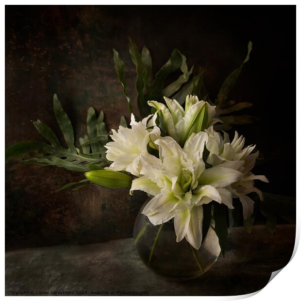 White lilies, Still life Print by Lesley Carruthers