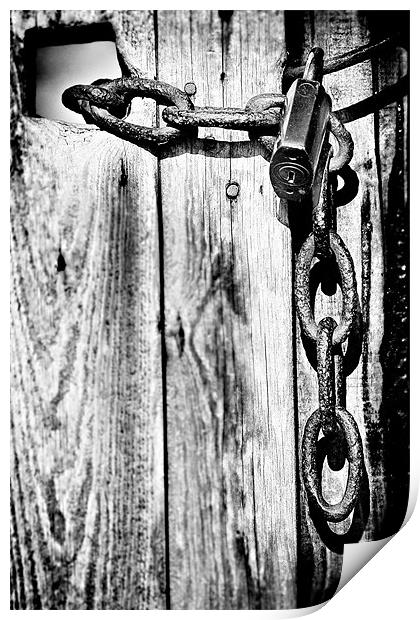 Black and White Rusty Chain and Padlock Print by Simon Gladwin