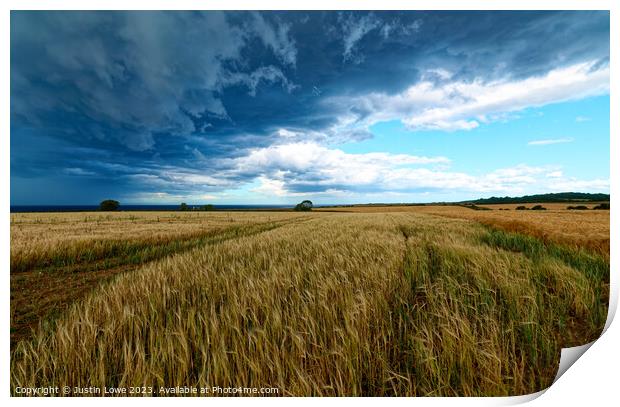 Field on Norfolk Coast as storm comes in Print by Justin Lowe