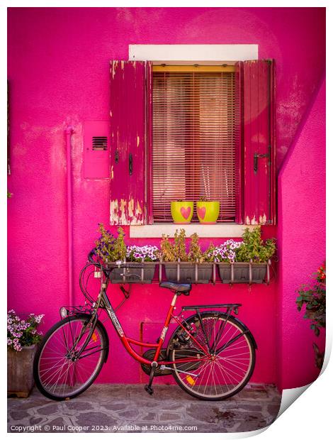 Bike outside pink Burano house, Italy Print by Bailey Cooper