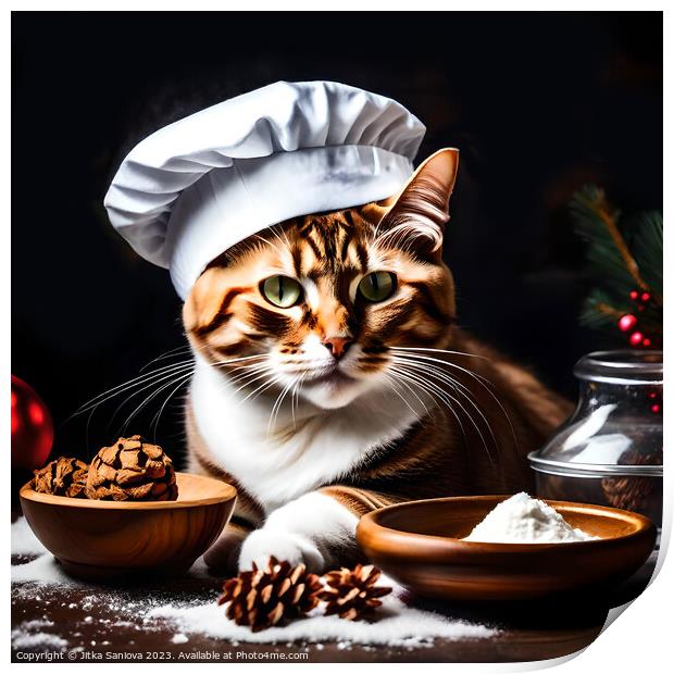 Christmas master chef cat  Print by Jitka Saniova