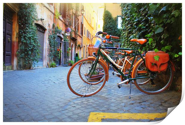 Bicycle standing in front of store on old street of Rome . Print by Virginija Vaidakaviciene