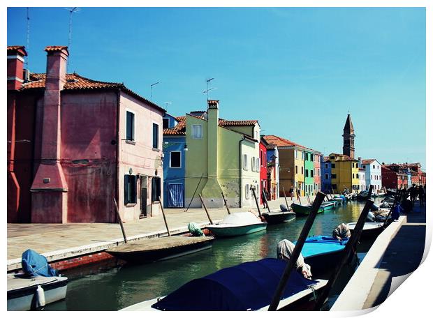 Street with colorful buildings in Burano island, Venice, Italy Print by Virginija Vaidakaviciene