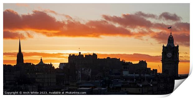 Sunset over Edinburgh city centre, Scotland, UK.  Print by Arch White