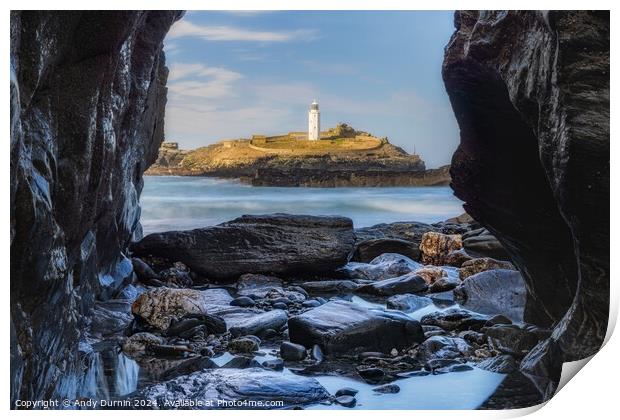 Godrevy Lighthouse: Framed by Nature's Embrace Print by Andy Durnin