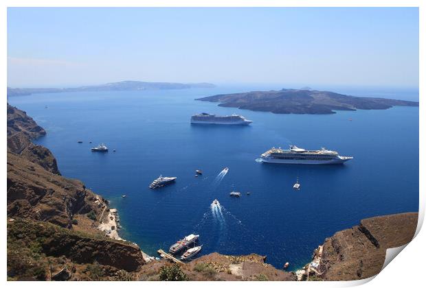 Cruise ships in Thira, Santorini island, Greece Print by Olga Peddi