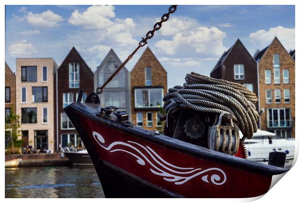 Boat on channel in Haarlem - Holland. Print by Olga Peddi