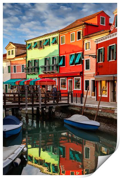 Colorful houses and canal on Burano island, near V Print by Olga Peddi