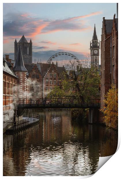 View of canals and streets of Gent town, Belgium i Print by Olga Peddi