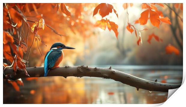 Kingfisher over an autumn woodland Stream Print by T2 