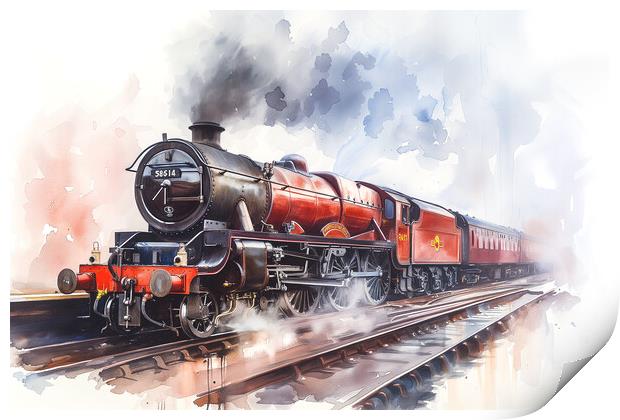 Red Steam Train Watercolour Print by T2 