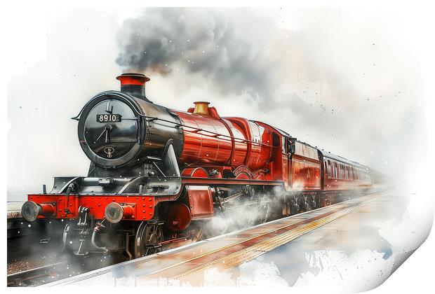 Red Steam Train Watercolour Print by T2 