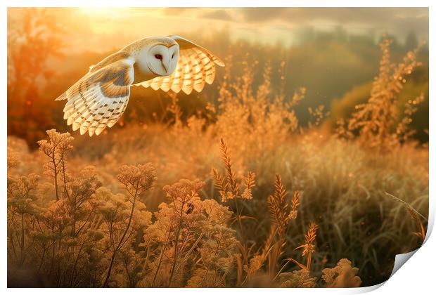 Barn Owl at Sunset Print by T2 