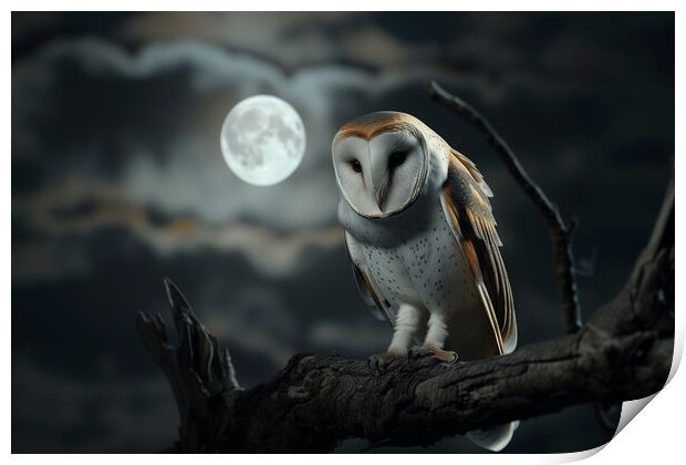 Barn Owl in the Moonlight Print by T2 