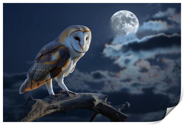 Barn Owl in the Moonlight Print by T2 