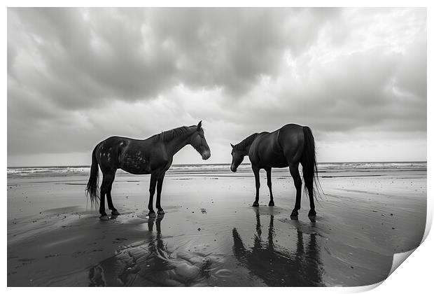 Horses on a beach in Wintertime Black and White Print by T2 
