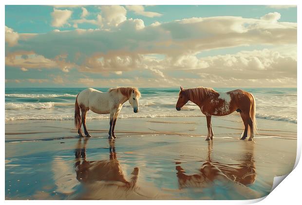 Horses on a beach in Wintertime Print by T2 