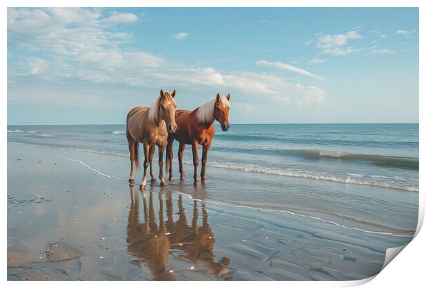 Horses on a beach in Wintertime Print by T2 
