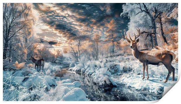 Scottish Buck and Doe Winter Highlands Print by T2 
