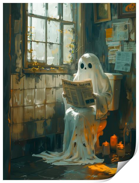 Ghost sitting on the toilet reading a Newspaper Print by T2 