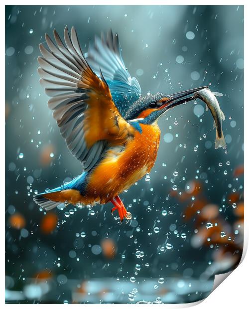 Kingfisher catches a Fish Print by T2 