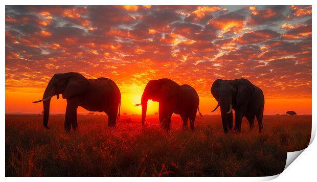 Elephants in the African Sunset Print by T2 