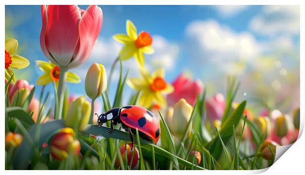 Ladybird and Spring Flowers Print by T2 