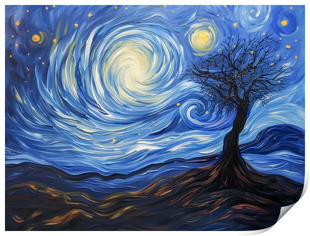 Lone Tree and Swirl Night Sky Painting Print by T2 