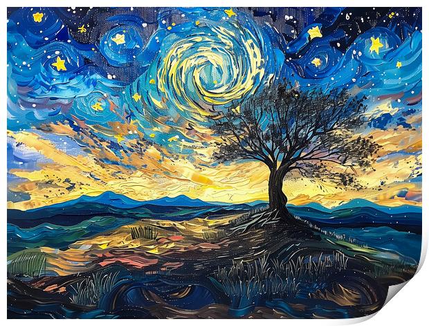 Lone Tree and Swirl Night Sky Painting Print by T2 