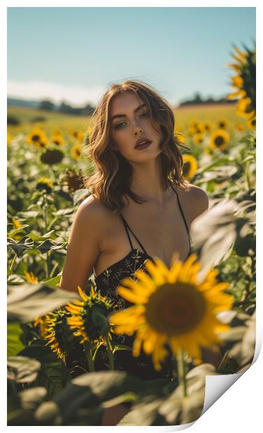 Beautiful woman in a field of Sunflowers Print by T2 