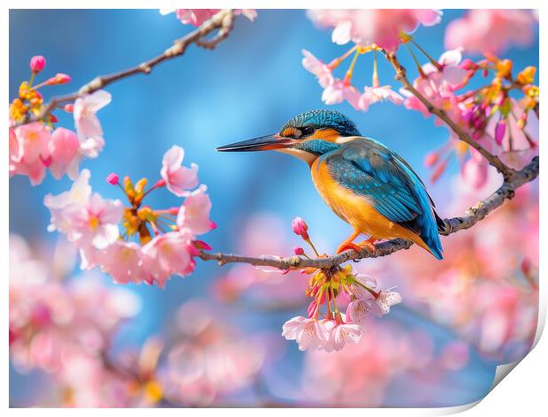 Kingfisher standing on a branch of Cherry Blossom Print by T2 