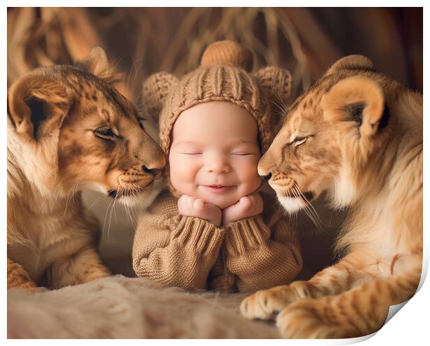 Smiling Baby surrounded by two Lions Print by T2 