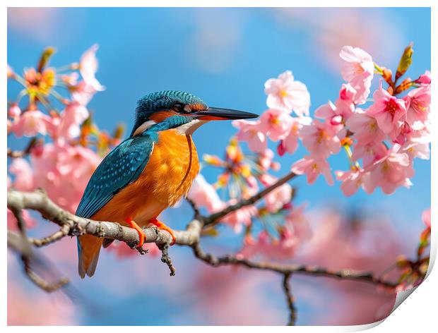 Kingfisher standing on a branch of Cherry Blossom Print by T2 