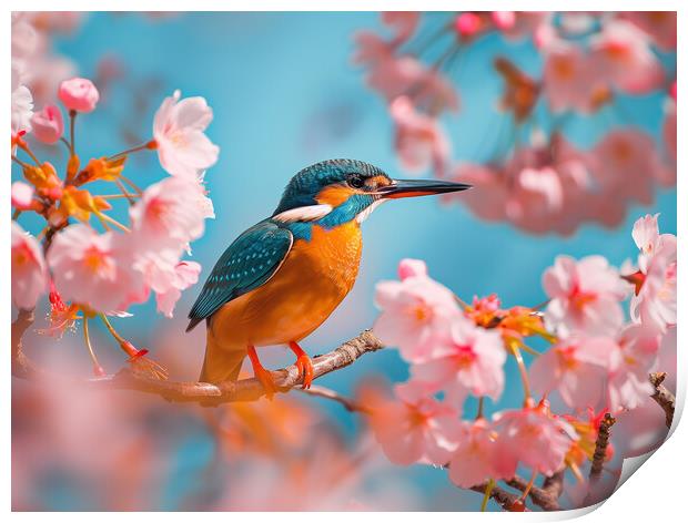 Kingfisher standing on a branch of Cherry Blossom Print by T2 