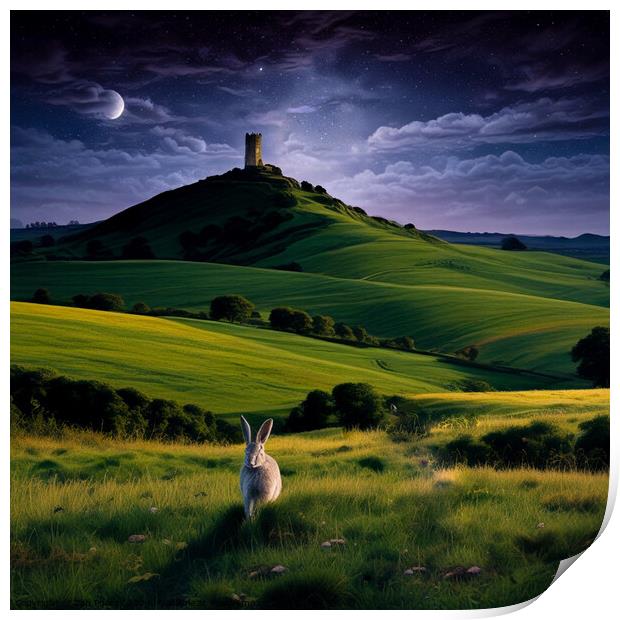 Glastonbury Tor and the Hare. AI  Print by Zap Photos