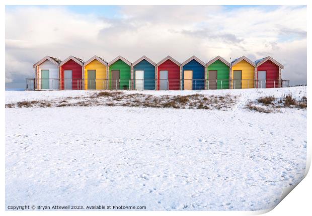 Blyth Beach Huts Snow Print by Bryan Attewell