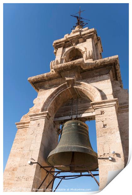 The bell tower of Valencia cathedral  Print by Bryan Attewell