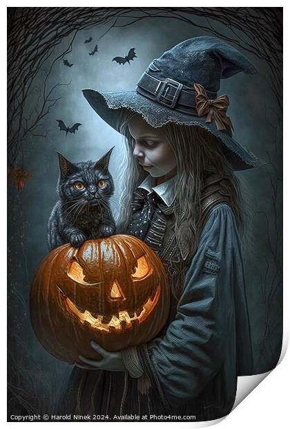 Little Witch, Big Pumpkin Print by Harold Ninek