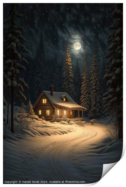 Winter Cabin in the Woods II Print by Harold Ninek