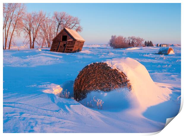 snow drifts, old grain bins with alfalfa bale in the foreground Print by Dave Reede