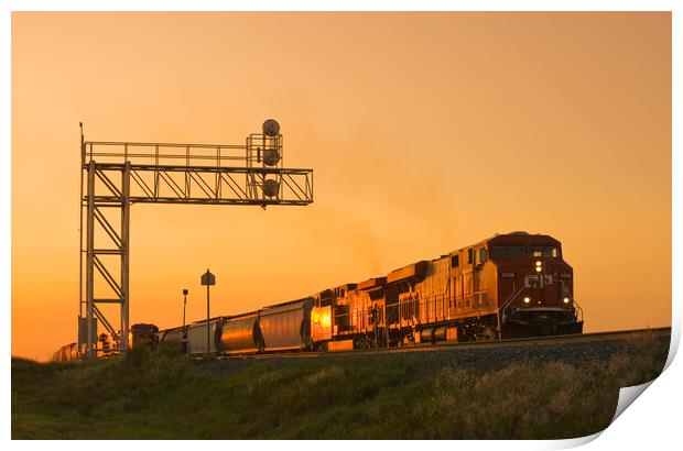locomotives pulling rail hopper cars pass an overhead rail signal Print by Dave Reede