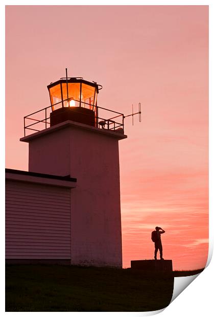 hiker looking out from Grand Passage lighthouse Print by Dave Reede