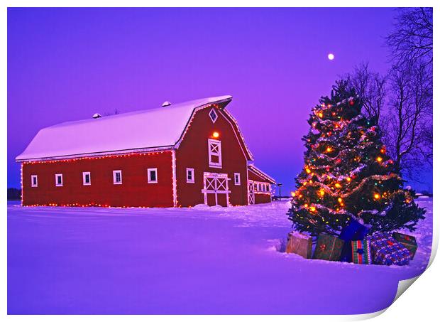 red barn with Christmas tree Print by Dave Reede