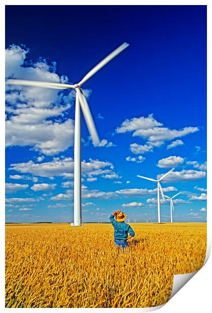 man in spring wheat field viewing wind turbines Print by Dave Reede