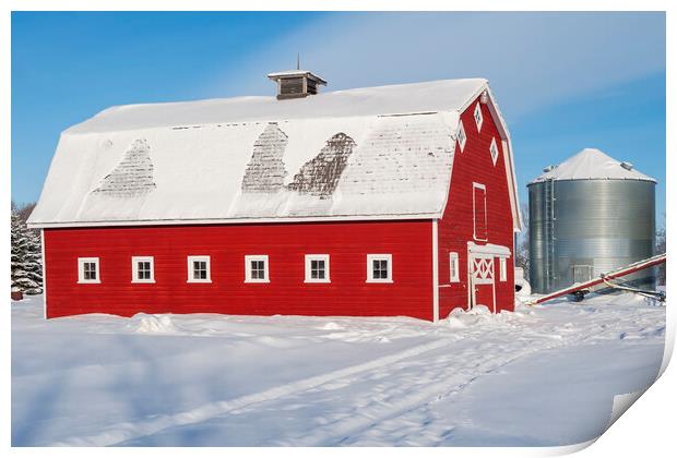 Red Barn and Grain Bin in Winter Print by Dave Reede