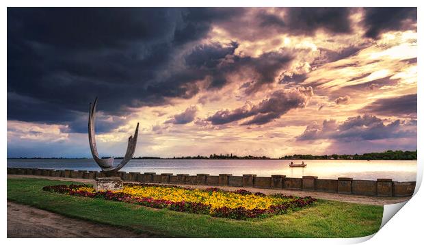 The sculpture Wings on the Palic lake under the cloudy sky Print by Dejan Travica