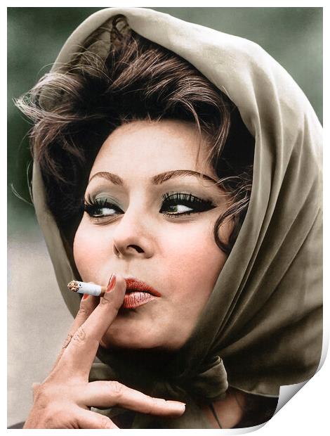 Gorgeous Sophia Loren with a headscarf smoking  Print by Dejan Travica