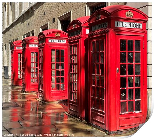 A chorus of red telephone boxes, London Print by Fiona Smallcorn