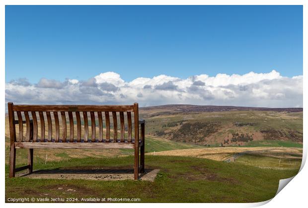 A bench with a mountain in the background Print by Man And Life